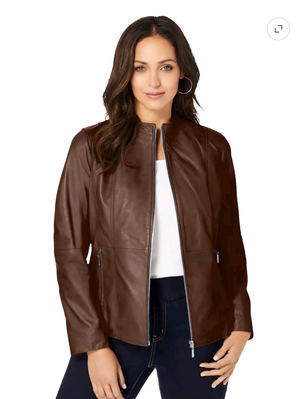 New Jessica London Women's Chocolate Brown Leather Zip-Front Jacket Size 12
